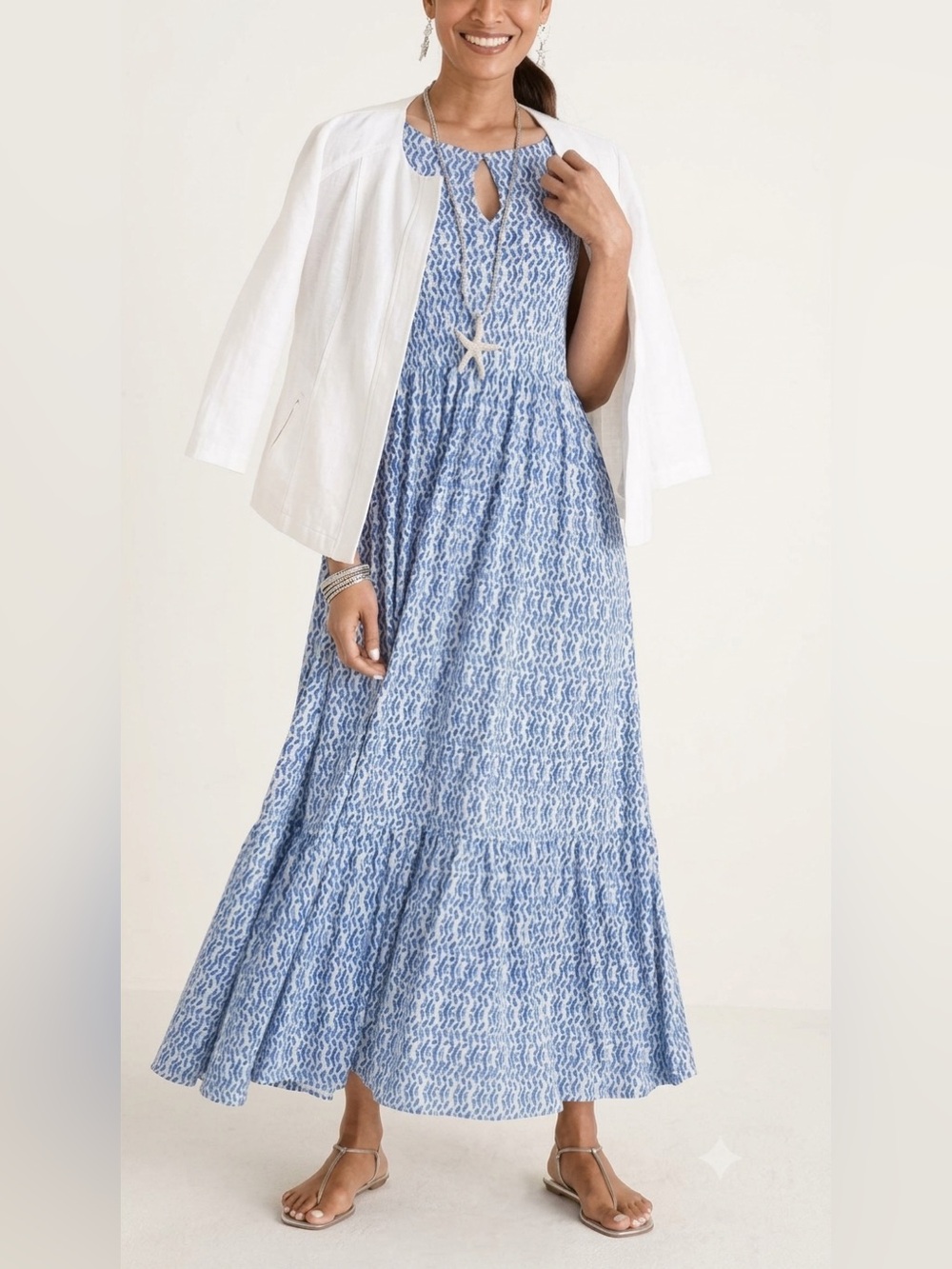 NWT Chico's Blue & White Chevron Print Tiered Maxi Dress Size 8